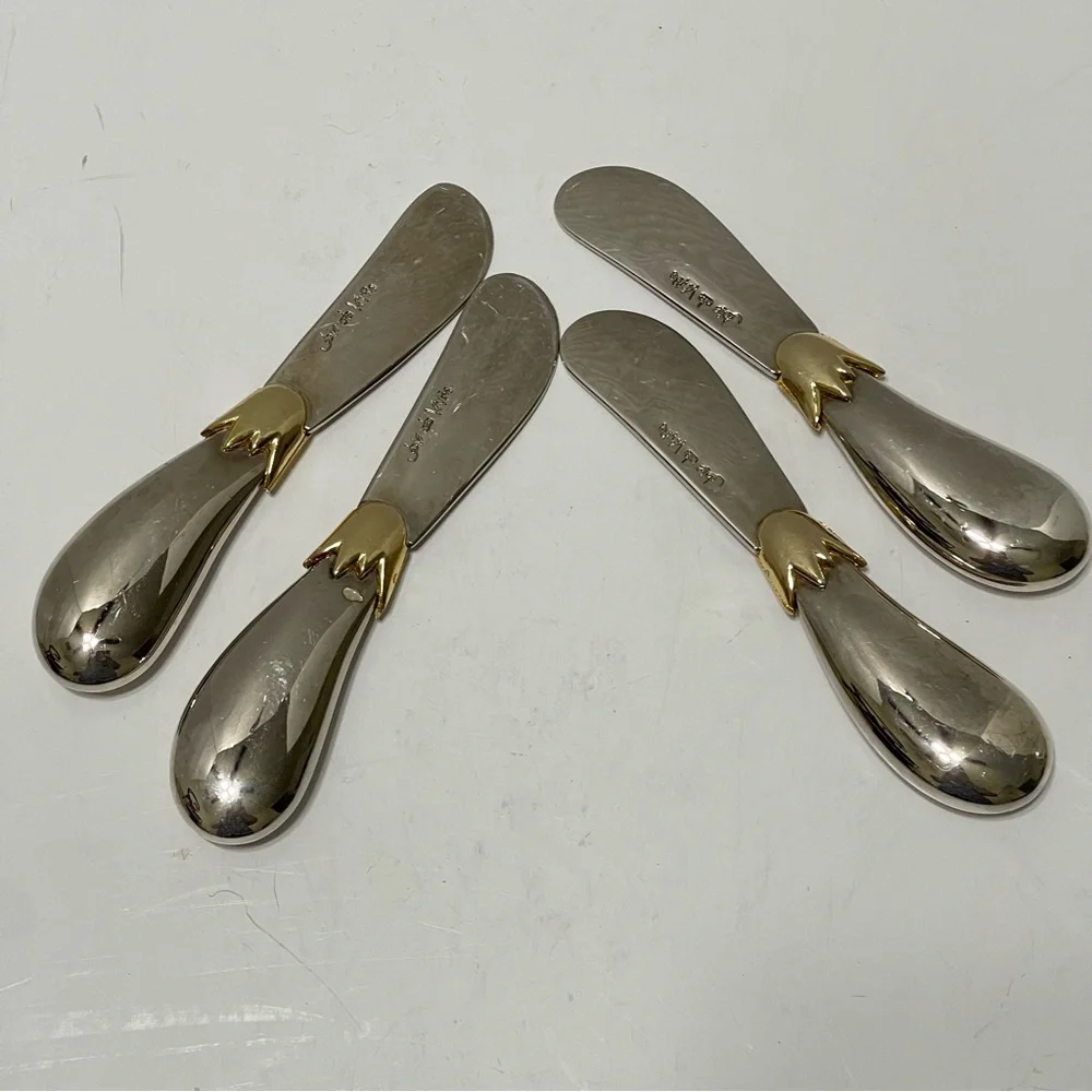 Joie de Vivre Eggplant Pattern Cheese Butter Spreader Silver Gold Toned Set of 4